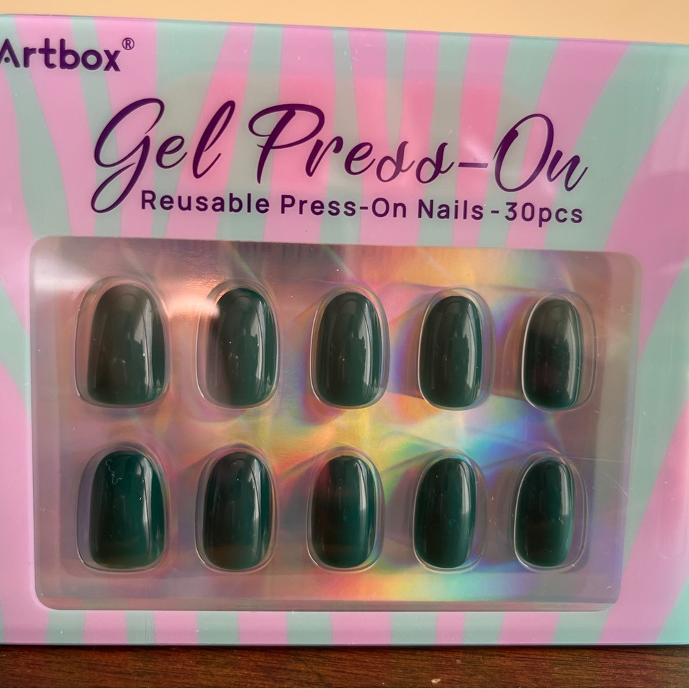 BTArtbox Gel Press-On Nails - Dark Green Reusable Press-On Set, 30 Pieces